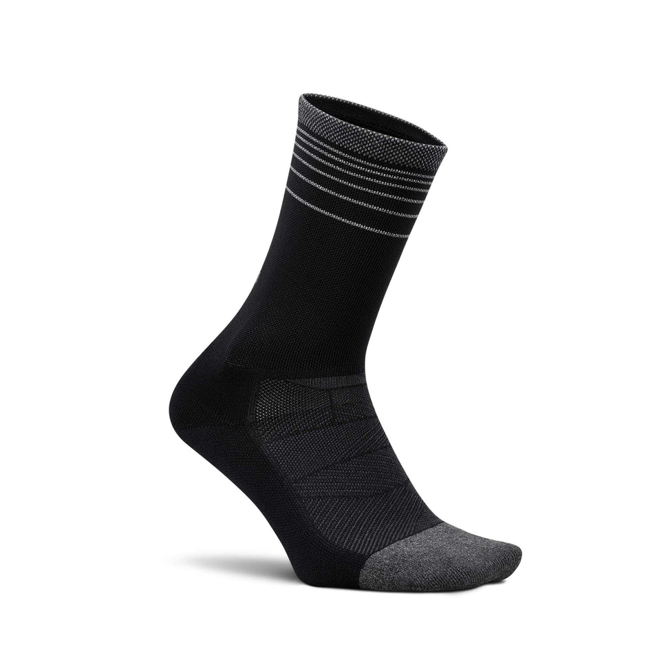 Lateral view of the right sock from a pair of Feetures Unisex Elite Light Cushion Mini Crew in the Black Flash colourway.