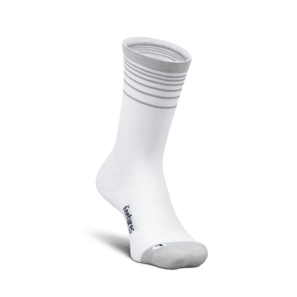 Medial view of the left sock from a pair of Feetures Unisex Elite Light Cushion Mini Crew in the White Flash colourway.