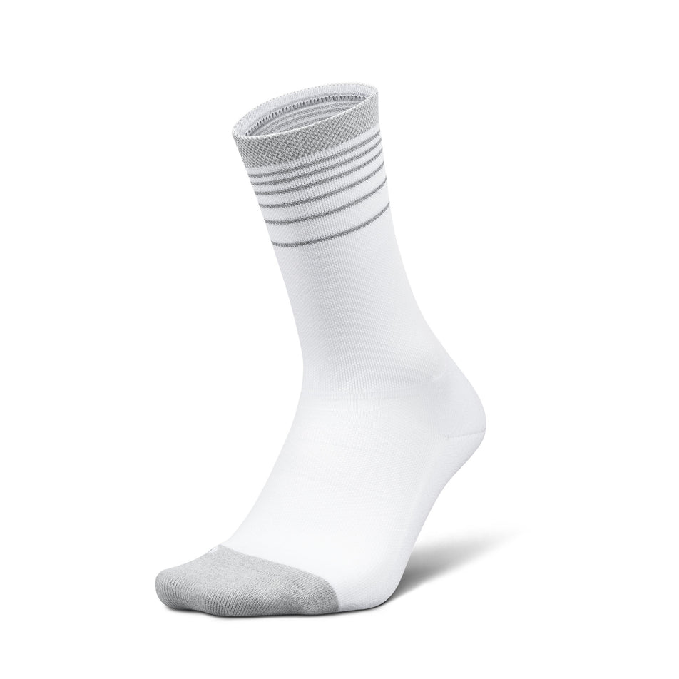 Lateral view of the left sock from a pair of Feetures Unisex Elite Light Cushion Mini Crew in the White Flash colourway.
