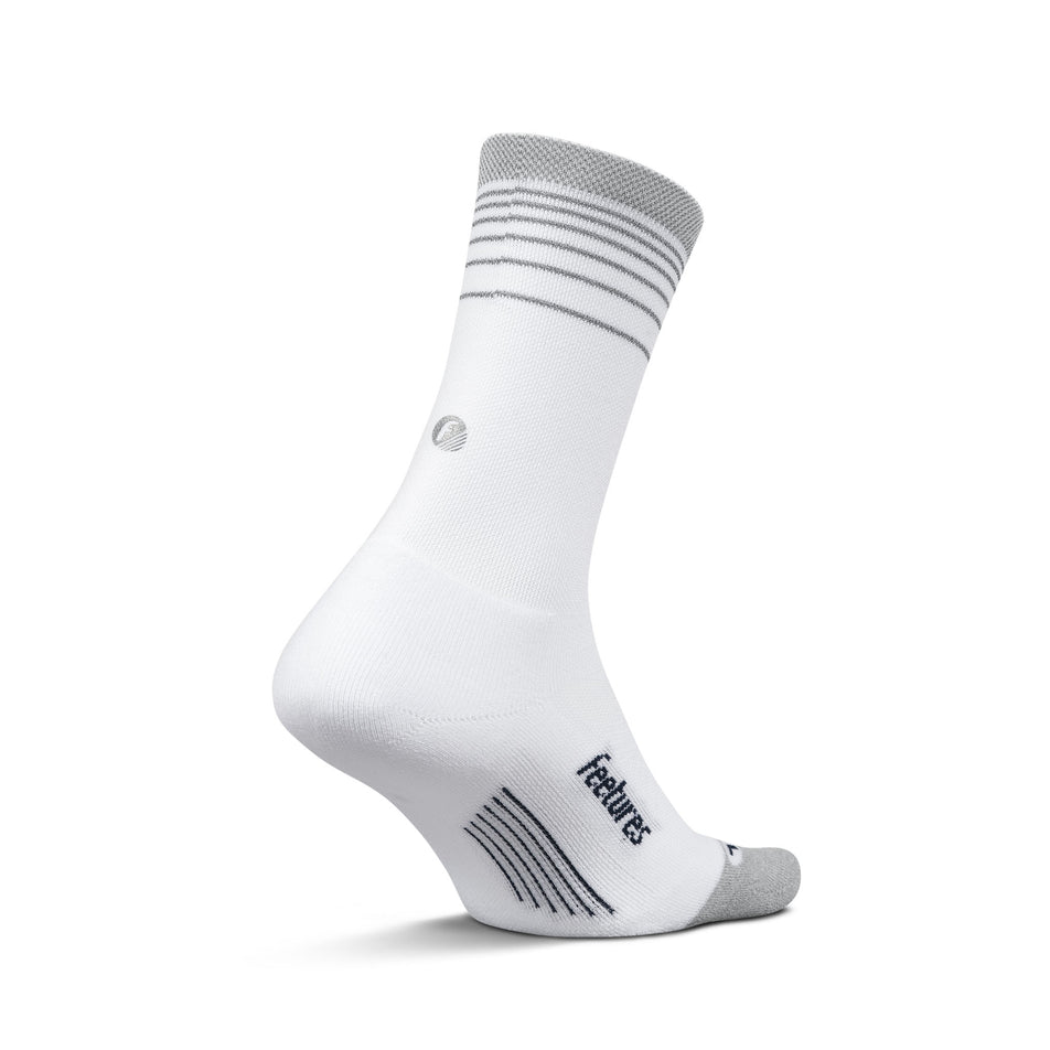 Medial view of the left sock from a pair of Feetures Unisex Elite Light Cushion Mini Crew in the White Flash colourway.