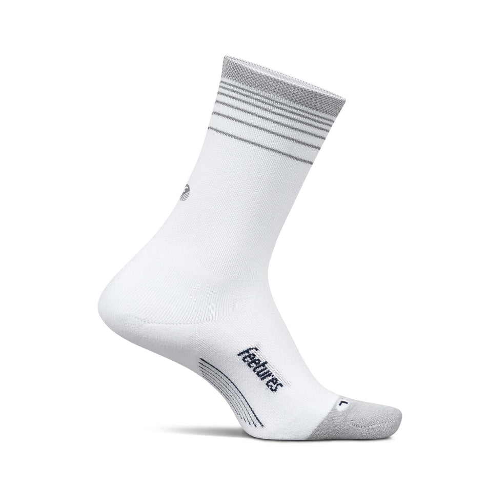 Medial view of the left sock from a pair of Feetures Unisex Elite Light Cushion Mini Crew in the White Flash colourway.