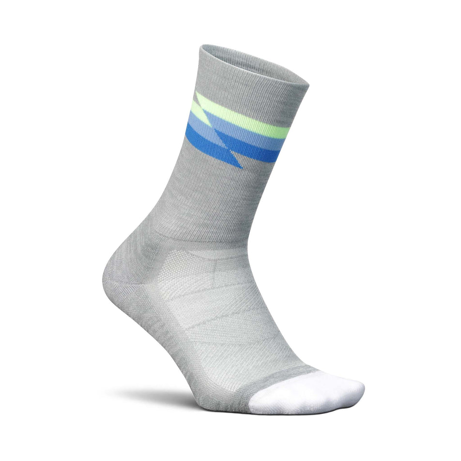 Lateral side of the right sock from a pair of Feetures Unisex Elite Light Cushion Mini Crew running socks in the Synthwave gray colourway (8149400223906)