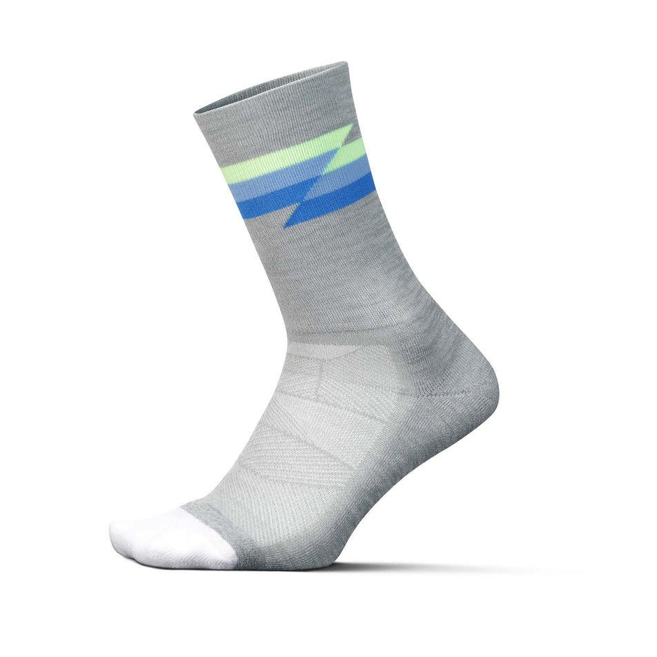 Lateral side of the left sock from a pair of Feetures Unisex Elite Light Cushion Mini Crew running socks in the Synthwave gray colourway (8149400223906)