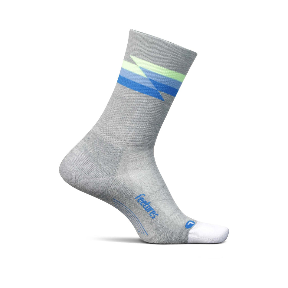 Medial side of the left sock from a pair of Feetures Unisex Elite Light Cushion Mini Crew running socks in the Synthwave gray colourway (8149400223906)