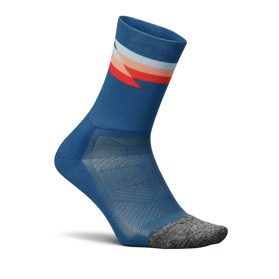 Lateral side of the right sock from a pair of Feetures Unisex Elite Light Cushion Mini Crew running socks in the Synthwave Blue colourway (8149397078178)
