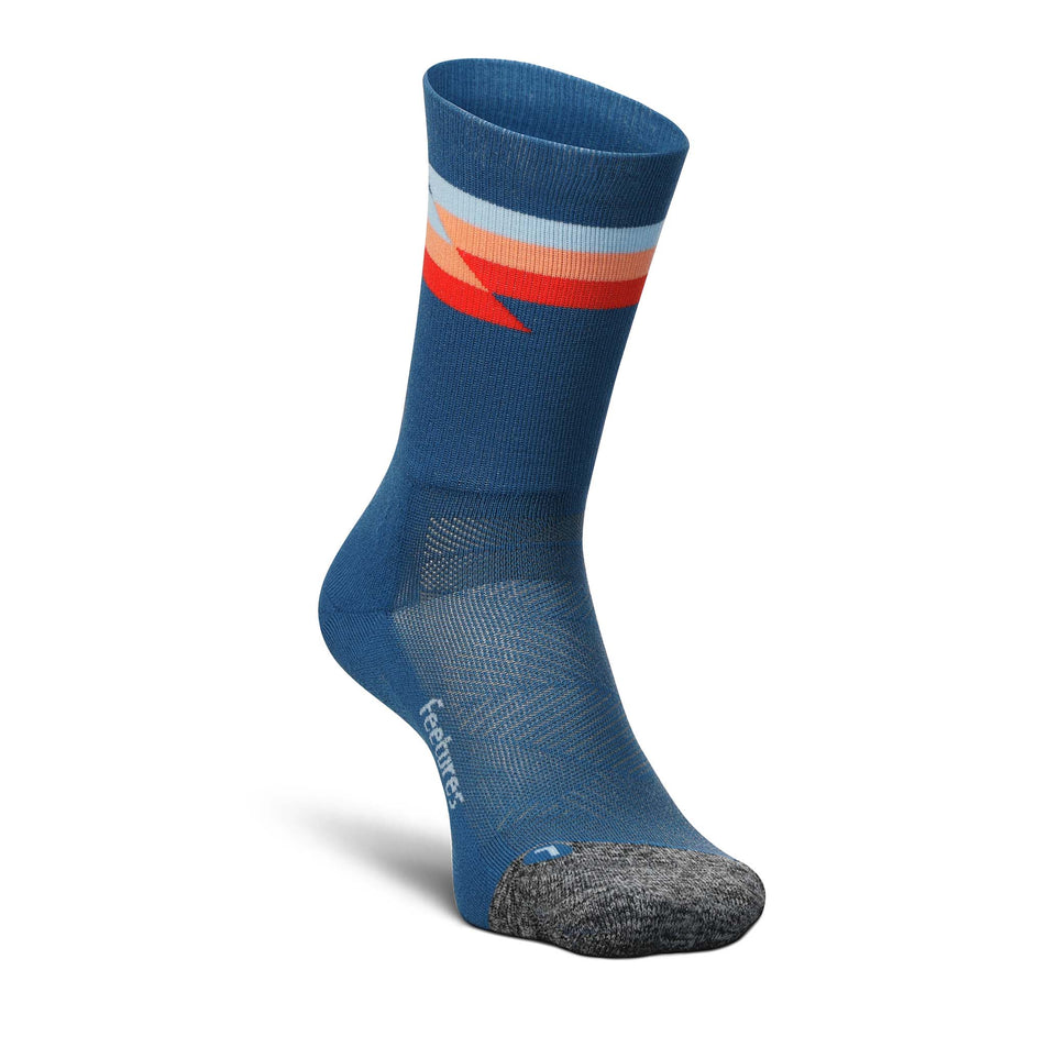 Medial-front side of the left sock from a pair of Feetures Unisex Elite Light Cushion Mini Crew running socks in the Synthwave Blue colourway (8149397078178)