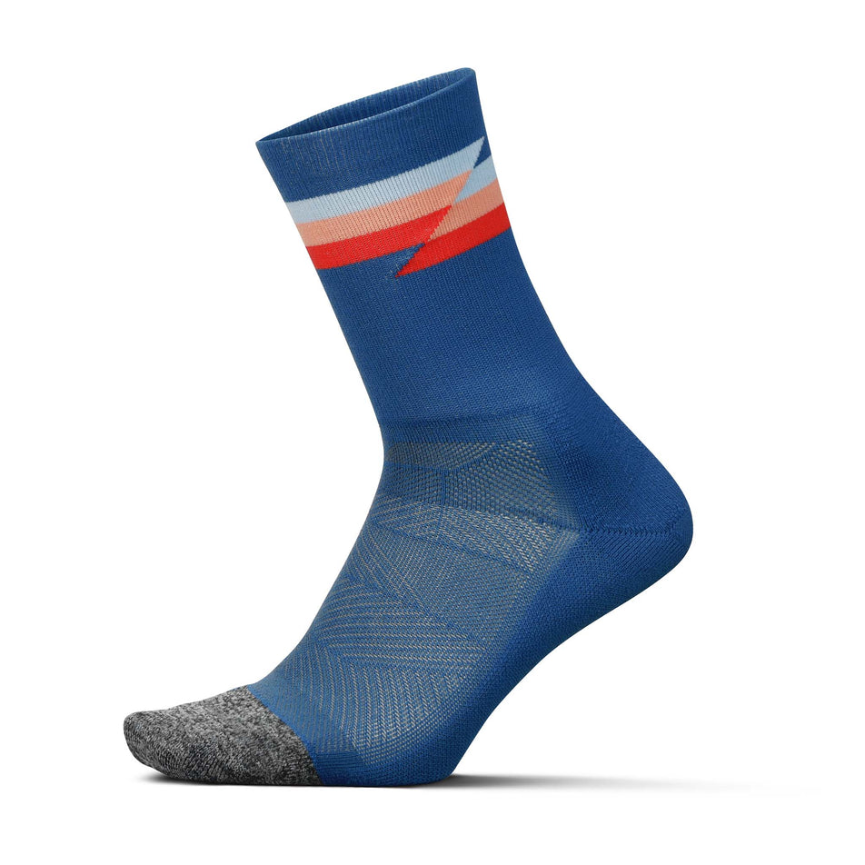Lateral side of the left sock from a pair of Feetures Unisex Elite Light Cushion Mini Crew running socks in the Synthwave Blue colourway (8149397078178)