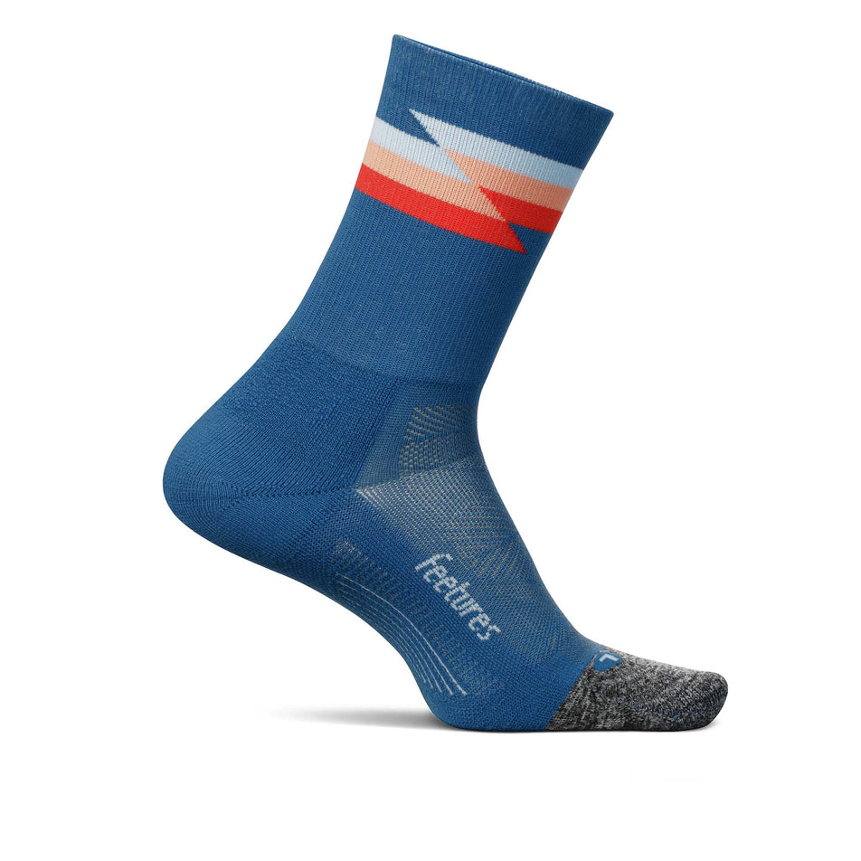 Medial side of the left sock from a pair of Feetures Unisex Elite Light Cushion Mini Crew running socks in the Synthwave Blue colourway (8149397078178)