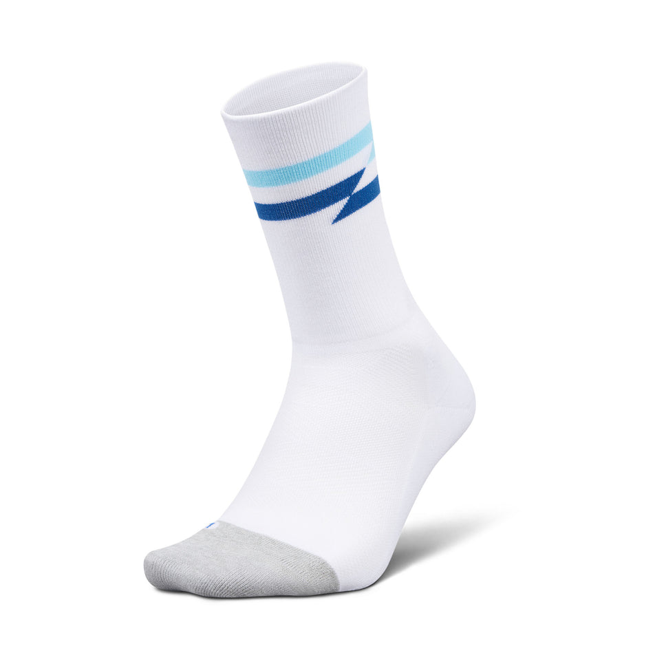 Lateral view of the left sock from a pair of Feetures Unisex Elite Light Cushion Mini Crew in the White Track colourway.
