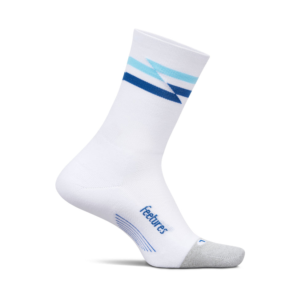 Medial view of the left sock from a pair of Feetures Unisex Elite Light Cushion Mini Crew in the White Track colourway.
