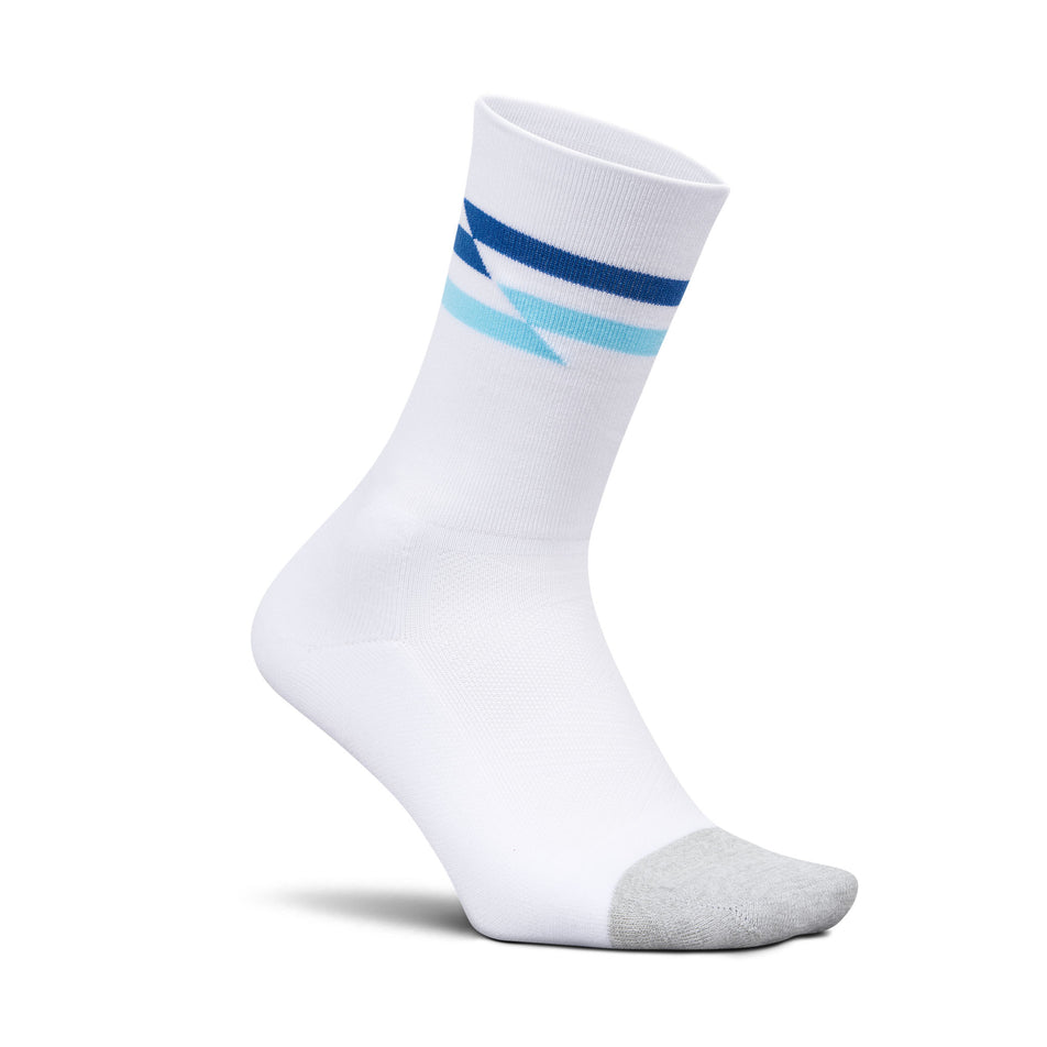 Lateral view of the right sock from a pair of Feetures Unisex Elite Light Cushion Mini Crew in the White Track colourway.