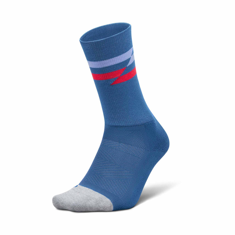 Lateral view of the left sock from a pair of Feetures Unisex Elite Light Cushion Mini Crew in the Blue Track colourway.