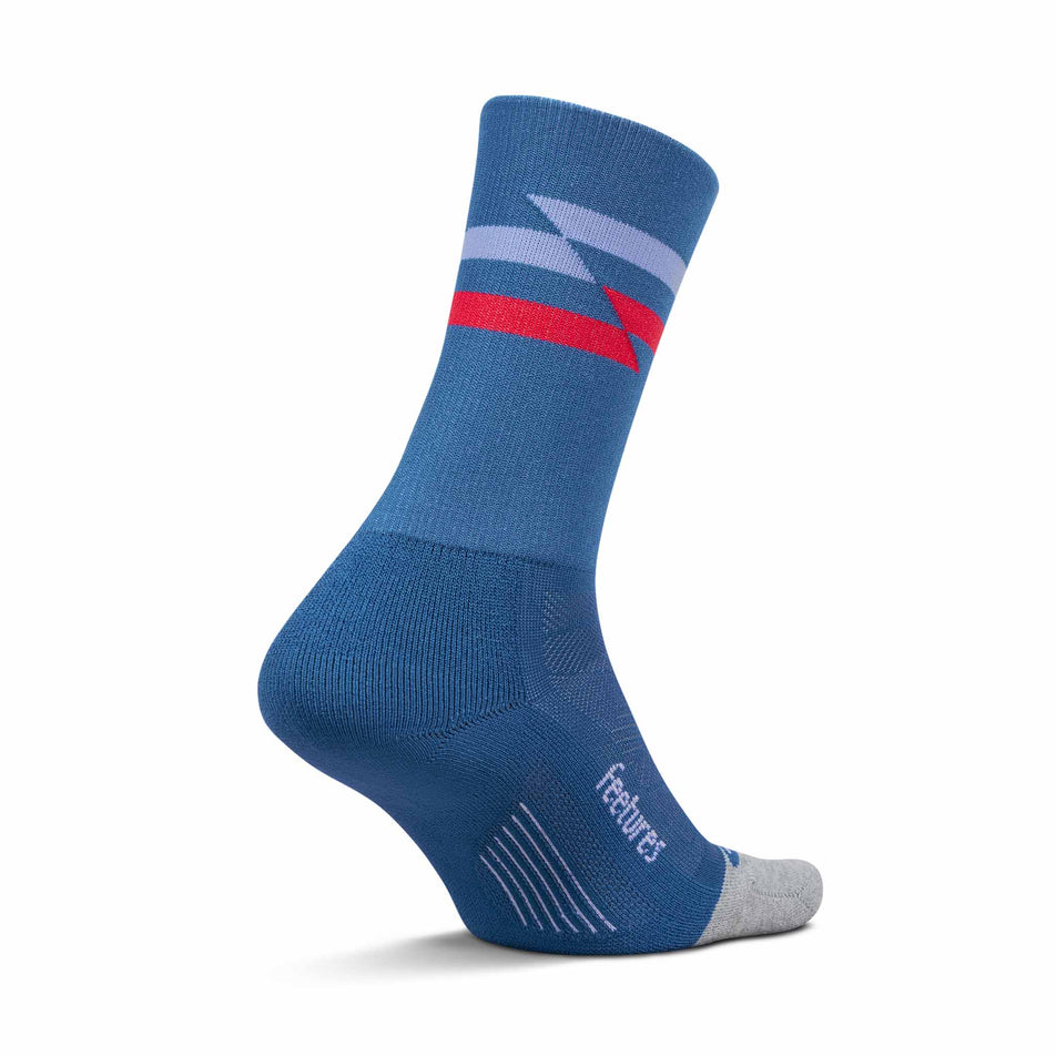 Medial view of the left sock from a pair of Feetures Unisex Elite Light Cushion Mini Crew in the Blue Track colourway.