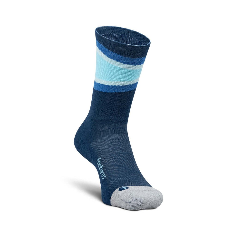 The left sock from a pair of Feetures Unisex Elite Light Cushion Mini Crew in the Blue Bounce colourway.
