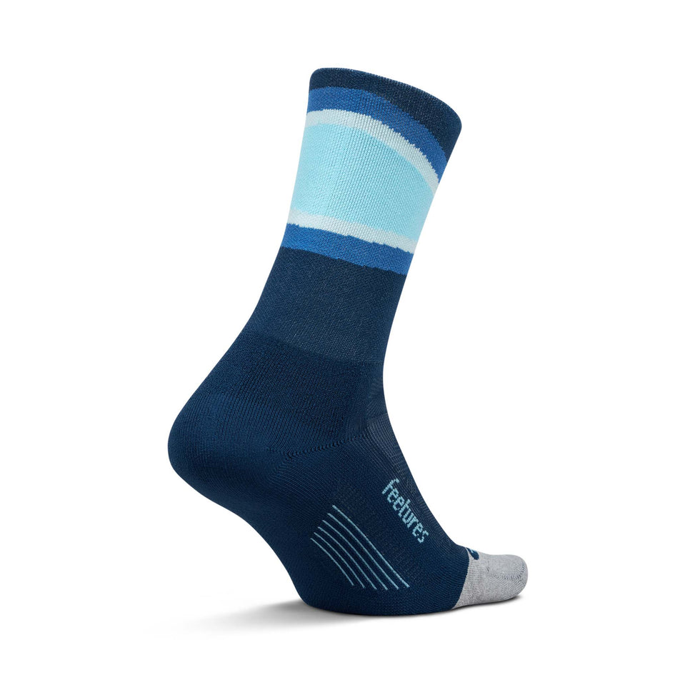 Medial view of the left sock from a pair of Feetures Unisex Elite Light Cushion Mini Crew in the Blue Bounce colourway.