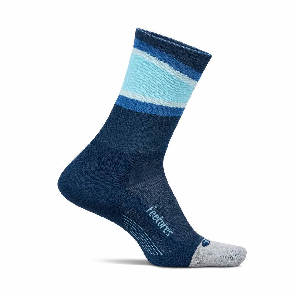 Medial view of the left sock from a pair of Feetures Unisex Elite Light Cushion Mini Crew in the Blue Bounce colourway.