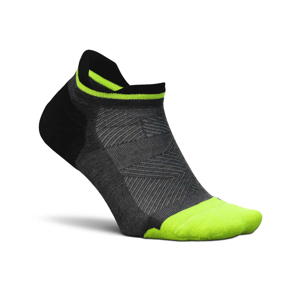 Lateral side of the right sock from a pair of Feetures Unisex Elite Max Cushion No Show Tab running socks in the Midnight Neon colourway (8149386100898)