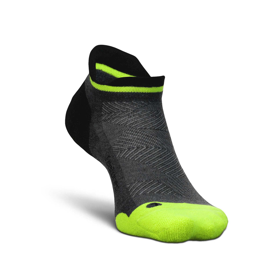 Medial-front side of the left sock from a pair of Feetures Unisex Elite Max Cushion No Show Tab running socks in the Midnight Neon colourway (8149386100898)