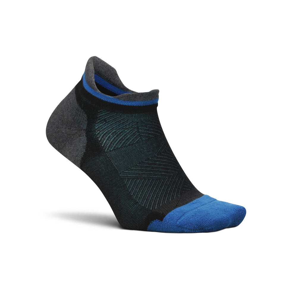Lateral side of the right sock from a pair of Feetures Unisex Elite Max Cushion No Show Tab running socks in the Tech Blue colourway (8149390098594)