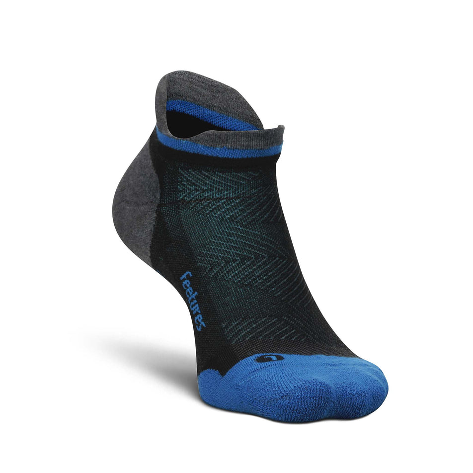 Medial-front side of the left sock from a pair of Feetures Unisex Elite Max Cushion No Show Tab running socks in the Tech Blue colourway (8149390098594)