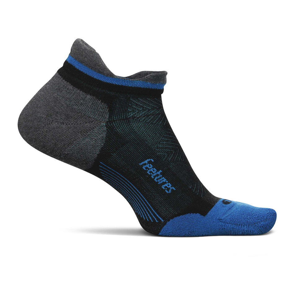 Medial side of the left sock from a pair of Feetures Unisex Elite Max Cushion No Show Tab running socks in the Tech Blue colourway (8149390098594)