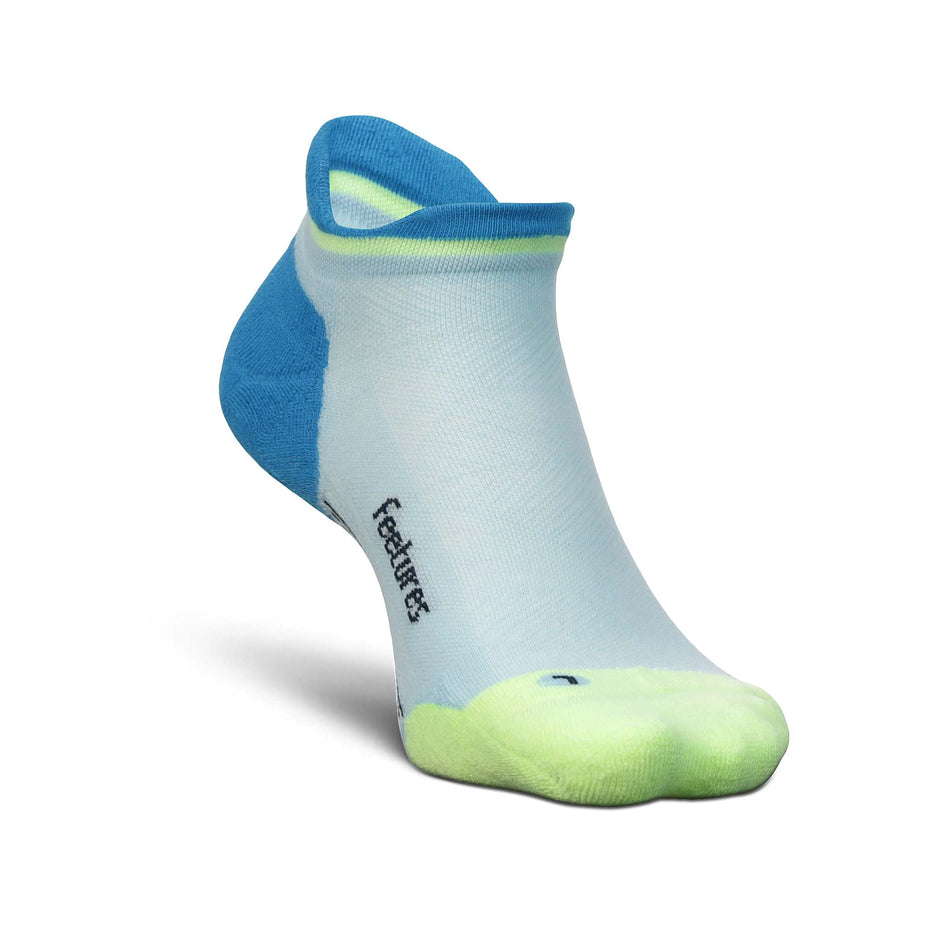 Medial-front side of the left sock from a pair of Feetures Unisex Elite Max Cushion No Show Tab running socks in the Blue Crystal colourway (8149392949410)
