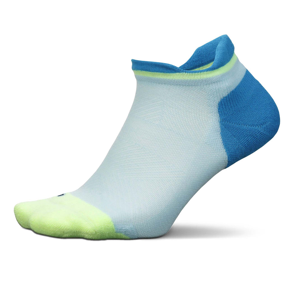 Lateral side of the left sock from a pair of Feetures Unisex Elite Max Cushion No Show Tab running socks in the Blue Crystal colourway (8149392949410)