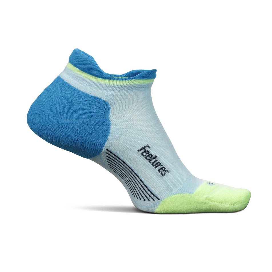 Medial side of the left sock from a pair of Feetures Unisex Elite Max Cushion No Show Tab running socks in the Blue Crystal colourway  (8149392949410)