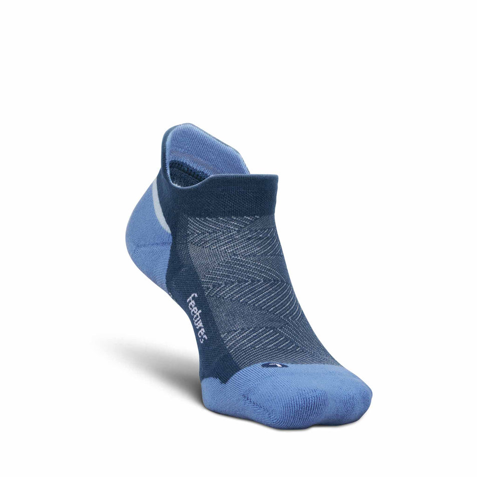 Medial view of the left sock from a pair of Feetures Unisex Elite Max Cushion No Show Tab in the Blue Wave colourway.