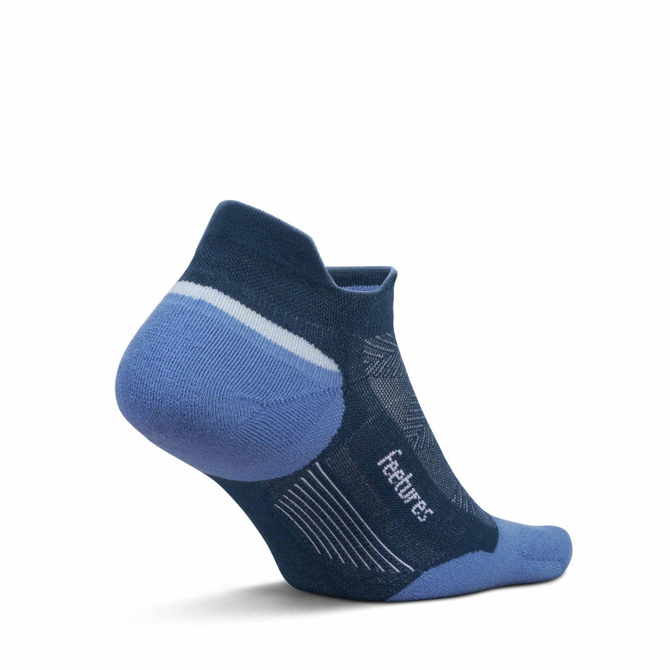 Medial view of the left sock from a pair of Feetures Unisex Elite Max Cushion No Show Tab in the Blue Wave colourway.