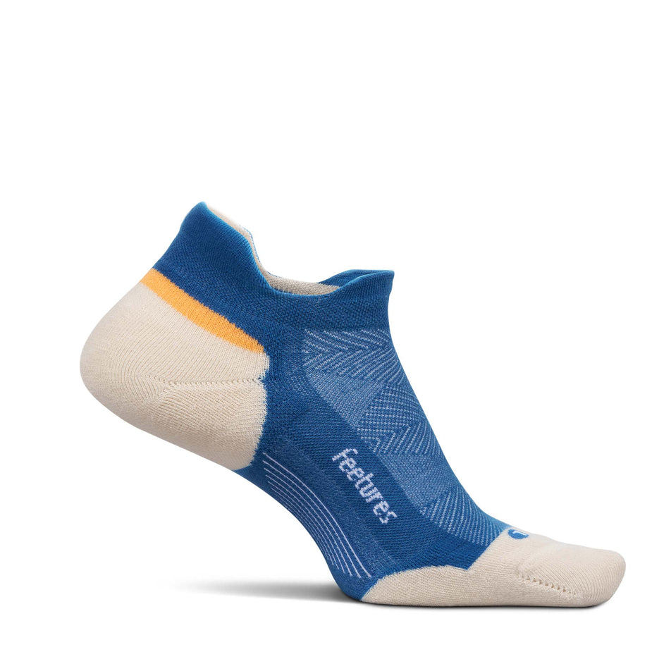 Medial view of the left sock from a pair of Feetures Unisex Elite Max Cushion No Show Tab in the Rally Blue colourway.