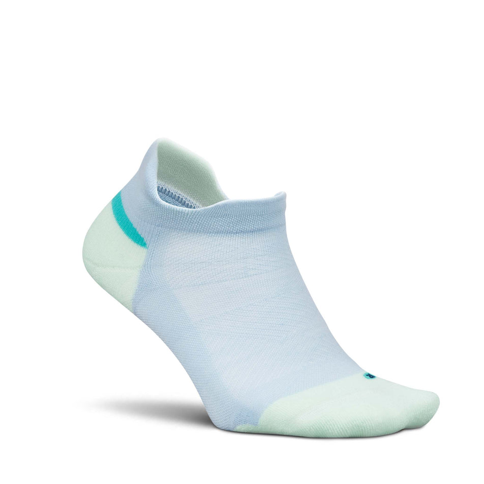 Lateral view of the right sock from a pair of Feetures Unisex Elite Max Cushion No Show Tab in the Glacier Mist colourway.