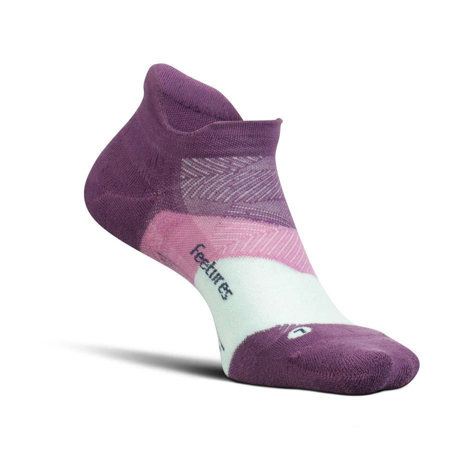 Medial side of the left sock from a pair of Feetures Unisex Elite Max Cushion No Show Tab Running Socks in the Peak Purple colourway (8025199739042)