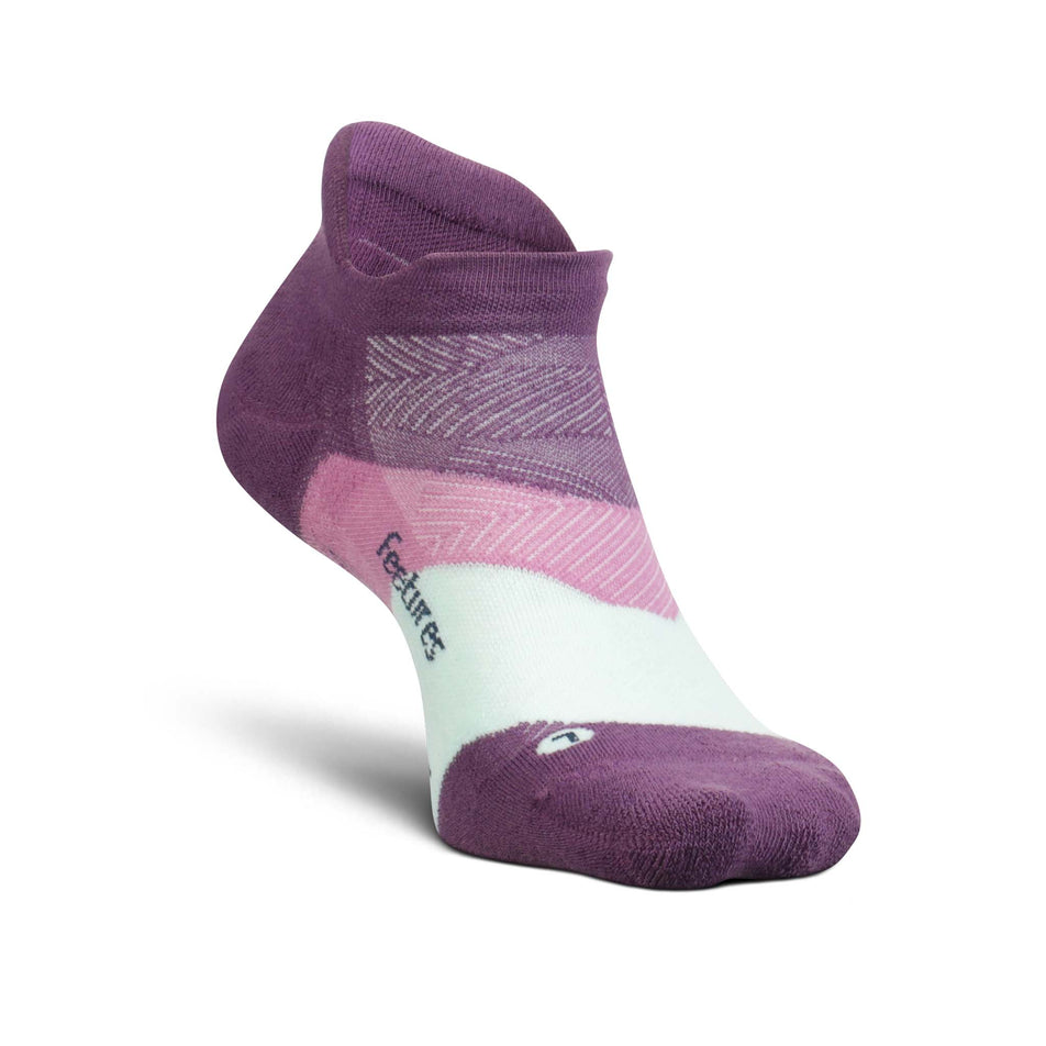 A left sock from a pair of Feetures Unisex Elite Max Cushion No Show Tab Running Socks in the Peak Purple colourway (8025199739042)