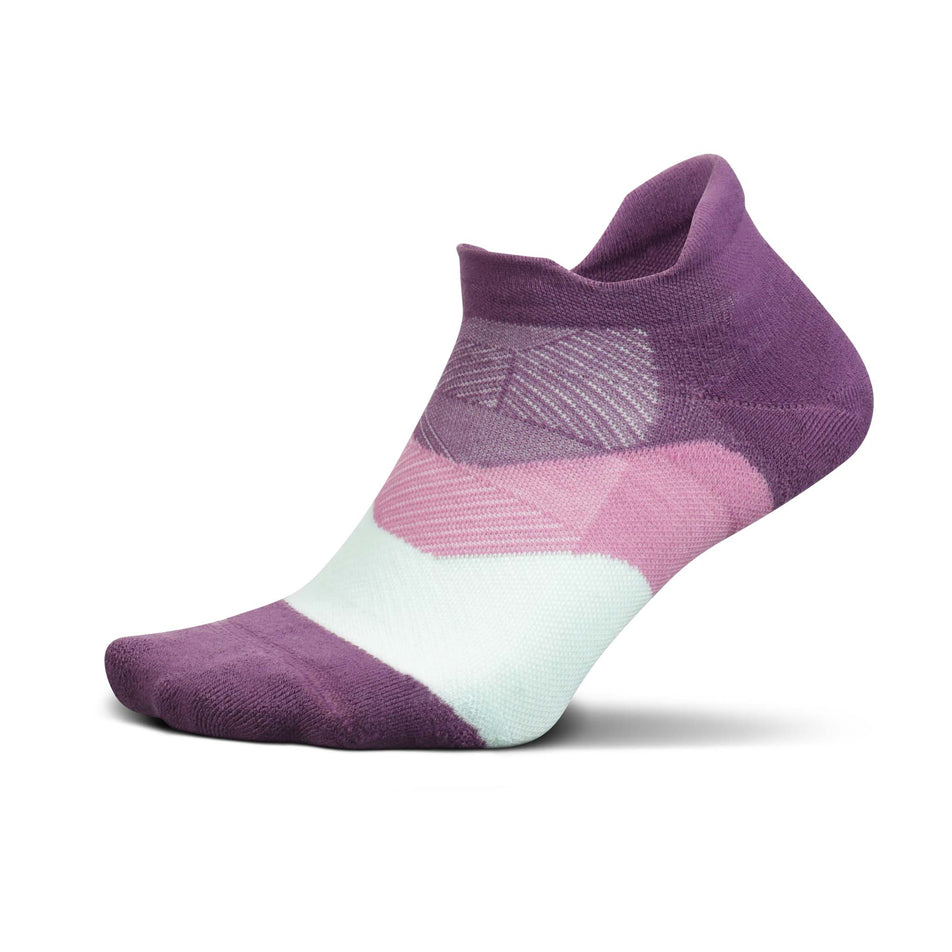 Lateral side of the left sock from a pair of Feetures Unisex Elite Max Cushion No Show Tab Running Socks in the Peak Purple colourway (8025199739042)