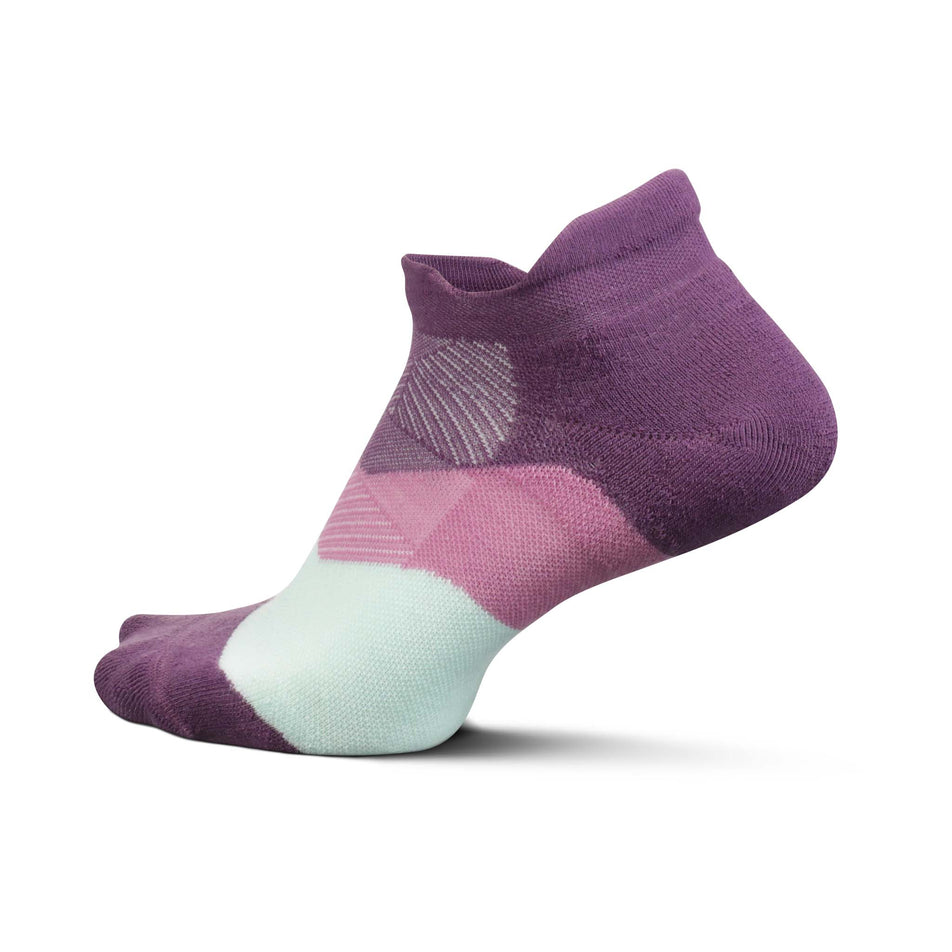 Lateral side of the left sock from a pair of Feetures Unisex Elite Max Cushion No Show Tab Running Socks in the Peak Purple colourway (8025199739042)
