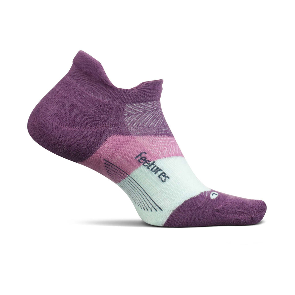Medial side of the left sock from a pair of Feetures Unisex Elite Max Cushion No Show Tab Running Socks in the Peak Purple colourway (8025199739042)