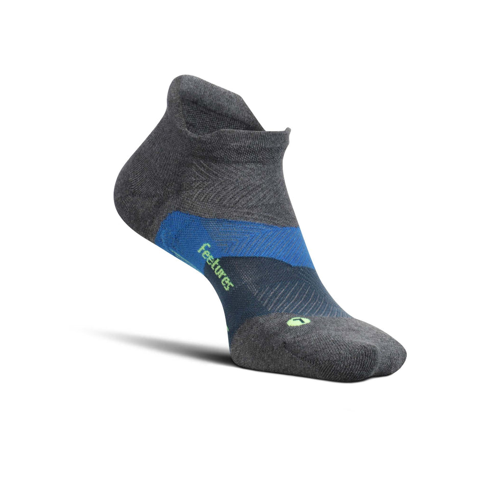 Medial side of the left sock from a pair of Feetures Unisex Elite Max Cushion No Show Tab Running Socks in the Gravity Gray colourway (8025229623458)
