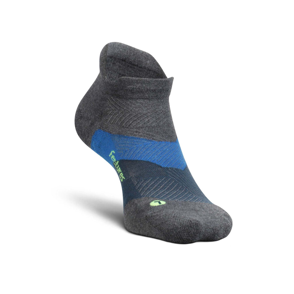 A left sock from a pair of Feetures Unisex Elite Max Cushion No Show Tab Running Socks in the Gravity Gray colourway (8025229623458)