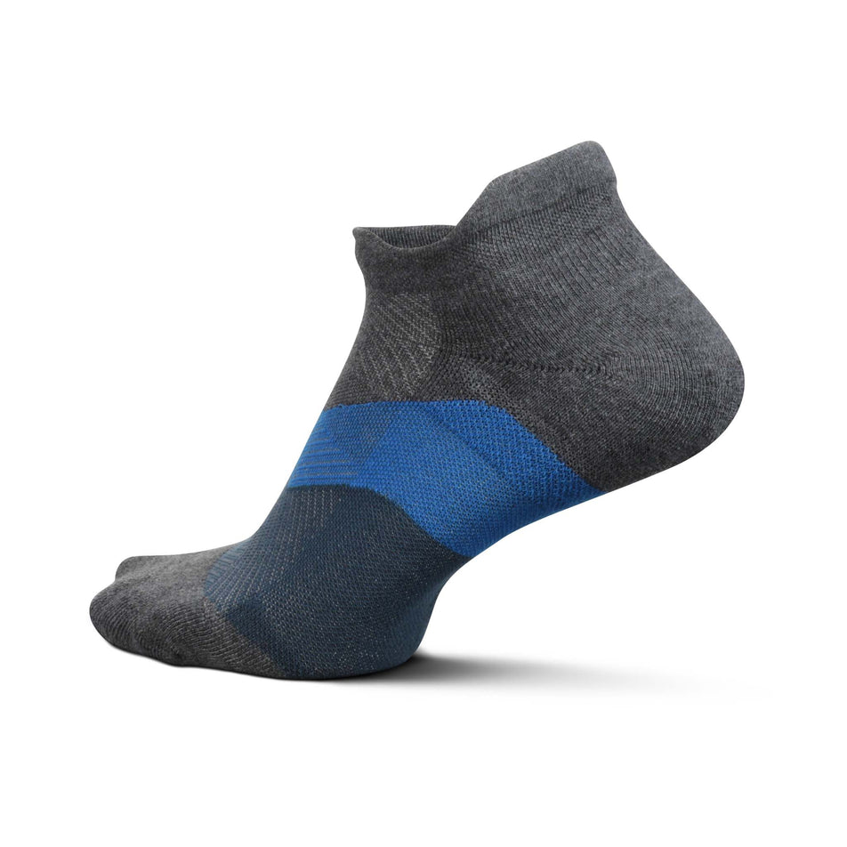 Lateral side of the left sock from a pair of Feetures Unisex Elite Max Cushion No Show Tab Running Socks in the Gravity Gray colourway (8025229623458)