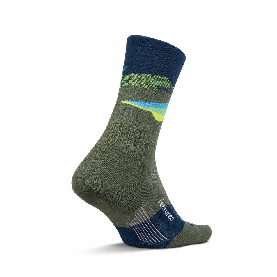 Medial view of the left sock from a pair of Feetures Unisex Trail Max Cushion Mini Crew in the Tectonic Green colourway.