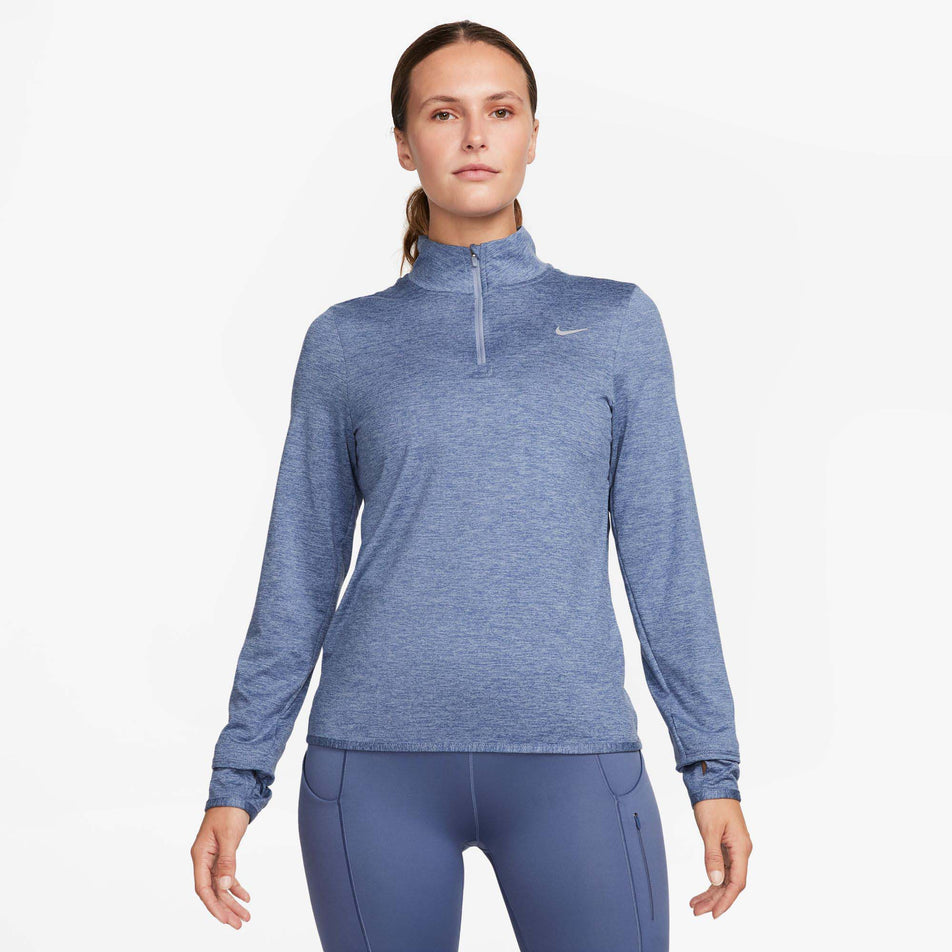 Front view of a model wearing a Nike Women's Dri-FIT Swift Element UV 1/4-Zip Running Top in the Ashen Slate/Reflective Silv colourway (8059808710818)