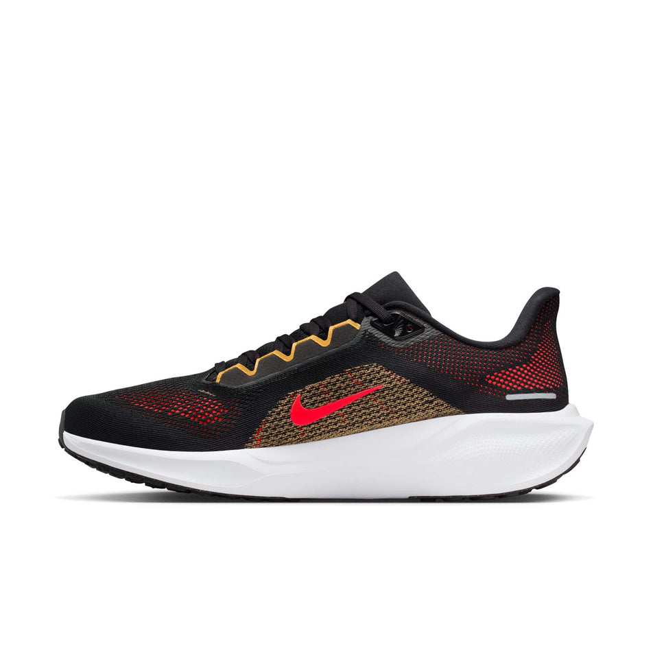 Medial view of the right shoe from a pair of Nike Men's Pegasus 41 Road Running Shoes in the Black/Bright Crimson-Topaz Gold colourway.
