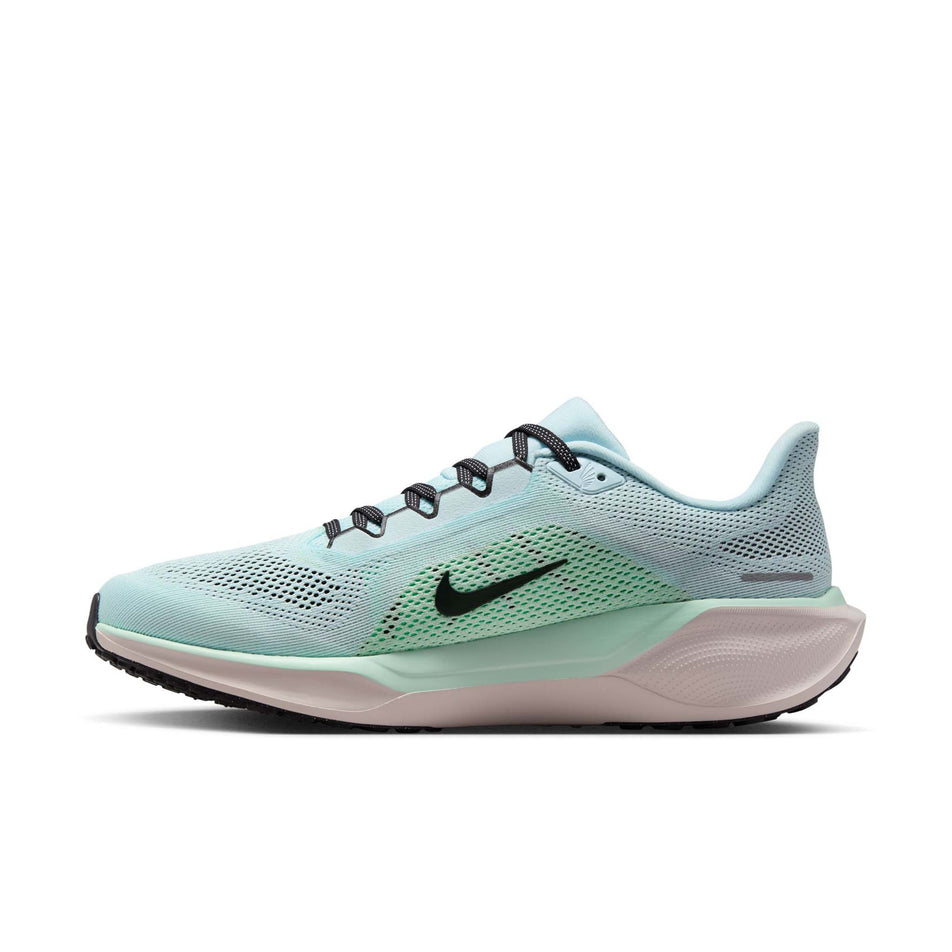 Medial view of the right shoe from a pair of Nike Men's Pegasus 41 Road Running Shoes in the Glacier Ice/Black-Mint Foam-Hyper Pink colourway.  (8684404801698)