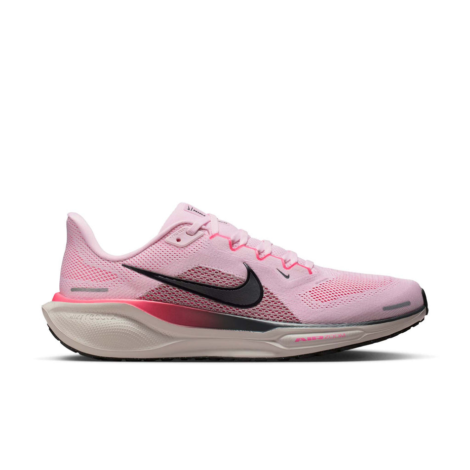 Lateral view of the right shoe from a pair of Nike Men's Pegasus 41 Road Running Shoes in the Pink Foam/Off Noir-Taupe Grey-Hyper Pink colourway. (8791555080354)