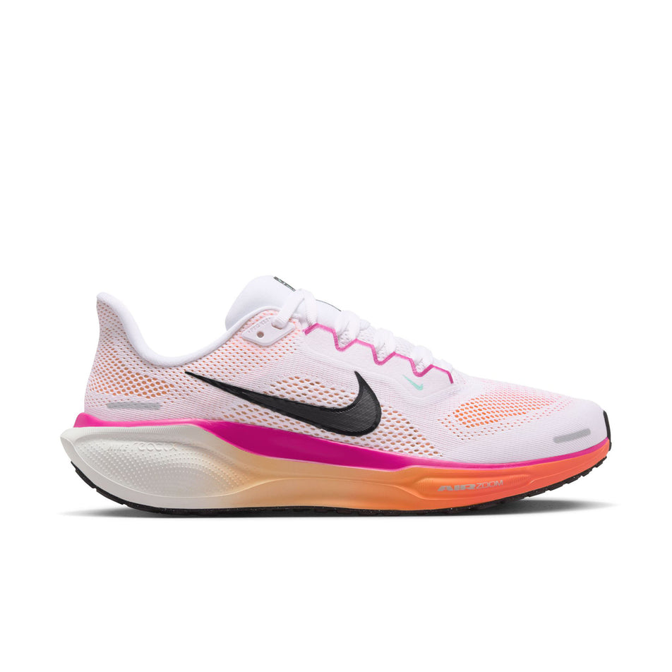 Lateral view of the right shoe from a pair of Nike Women's Pegasus 41 Road Running Shoes in the White/Black-Fire Pink-Orange Pulse colourway. (8756152271010)