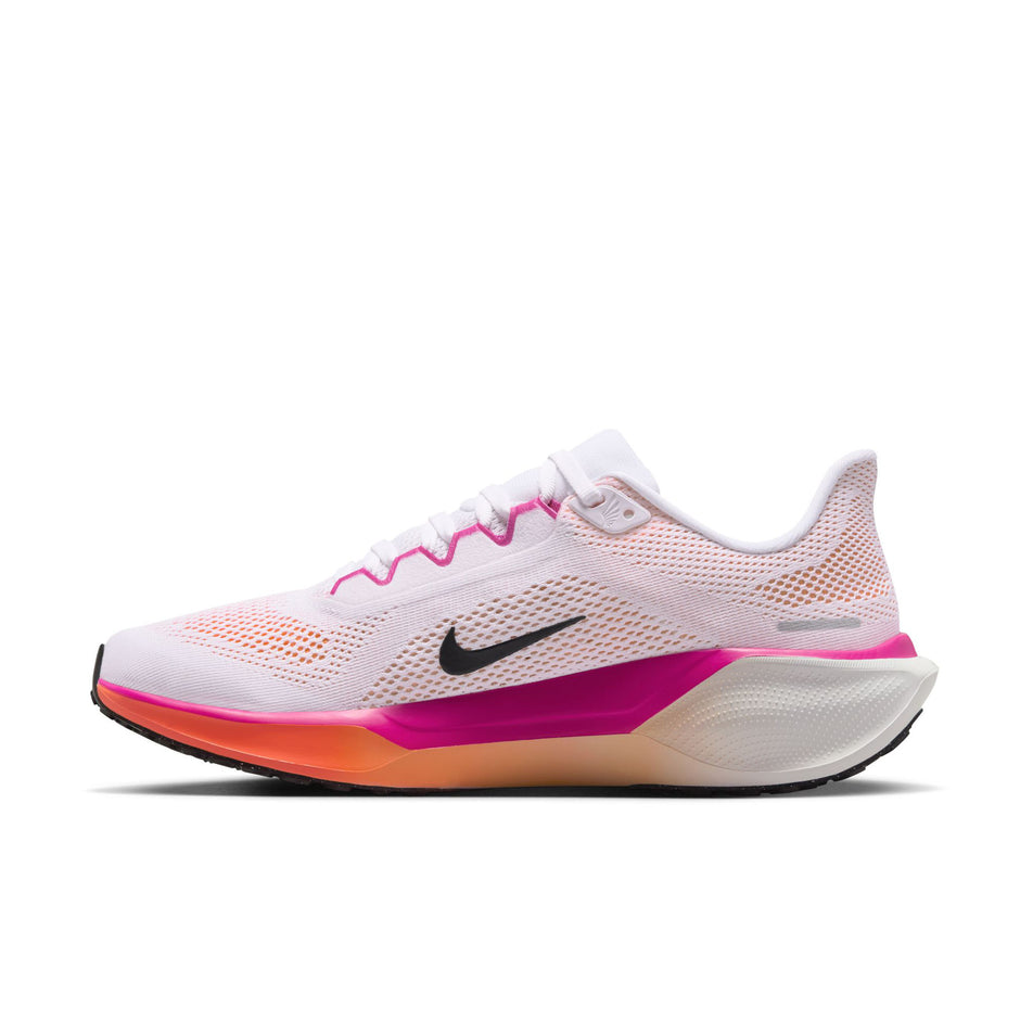 Medial view of the right shoe from a pair of Nike Women's Pegasus 41 Road Running Shoes in the White/Black-Fire Pink-Orange Pulse colourway. (8756152271010)