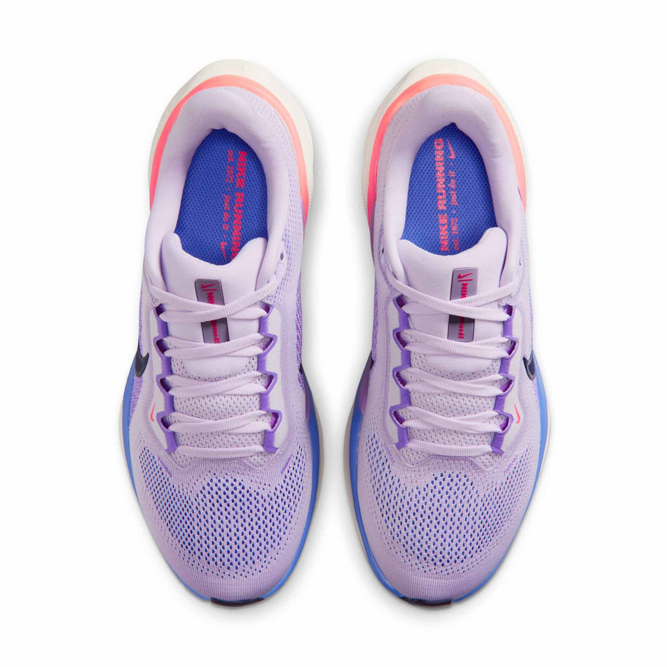 The uppers of a pair of Nike Women's Pegasus 41 Road Running Shoes in the Violet Mist/Purple Dynasty-Bright Violet colourway.