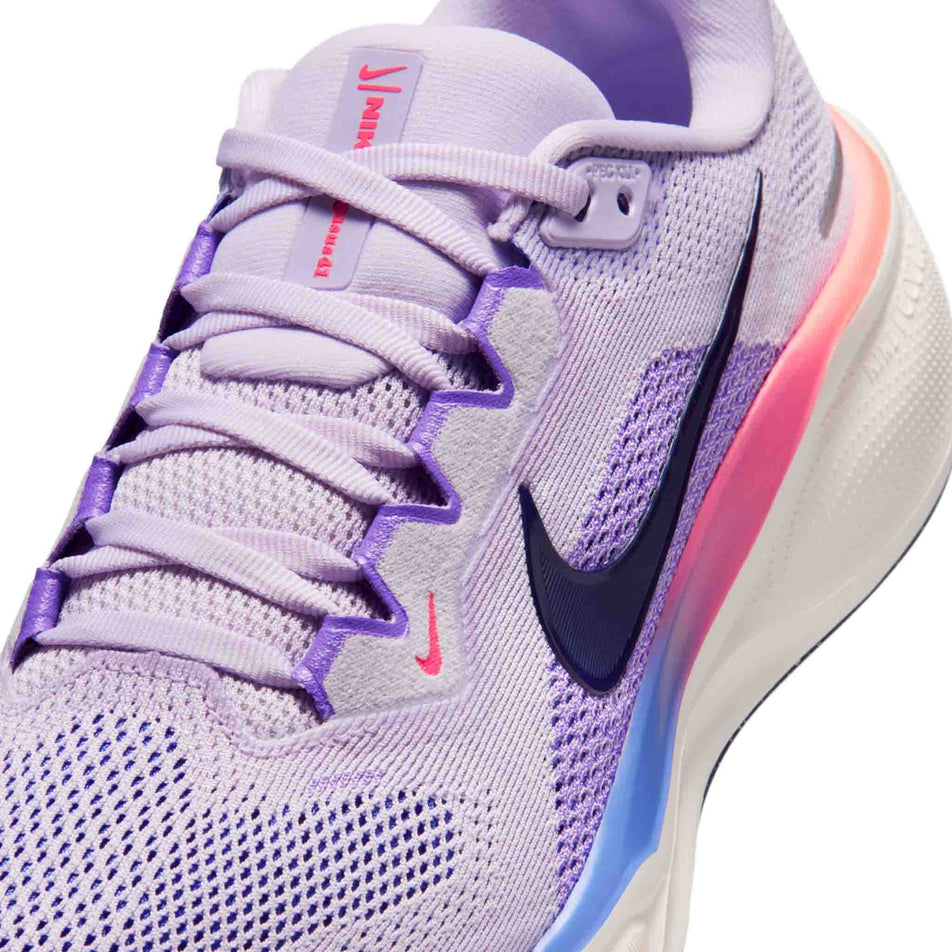 Close-up view of the upper of the left shoe from a pair of Nike Women's Pegasus 41 Road Running Shoes in the Violet Mist/Purple Dynasty-Bright Violet colourway.