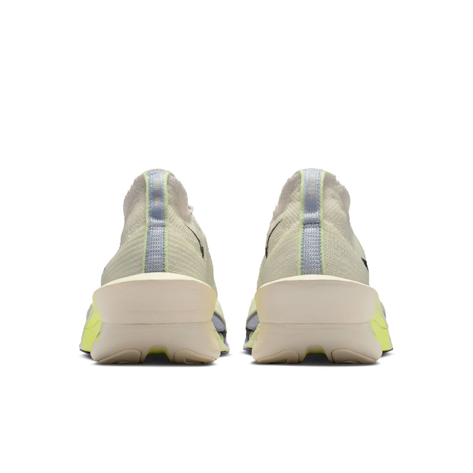 The back of a pair of Nike Men's Alphafly 3 Road Racing Shoes in the Phantom/Sequoia-Ultralime-Citron Tint colourway.